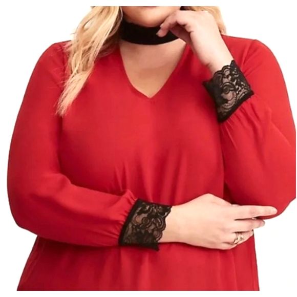 torrid Tops - Torrid Sheer Red Top with Black Lace Detail - Women's size 1